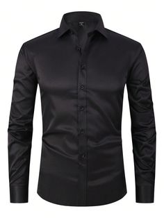 Men's Solid Color Casual Business Long Sleeve Shirt, Autumn Black Casual  Long Sleeve Woven Fabric Plain Shirt Slight Stretch  Men Clothing, size features are:Bust: ,Length: ,Sleeve Length: Mens Black Dress Shirt, Black Business Dress, Dress Shirts Men, Black Dress Shirt, Stylish Mens Suits, Slim Fit Mens Shirts, Mens Shirts Online, Satin Shirt Dress, Silk Satin Dress