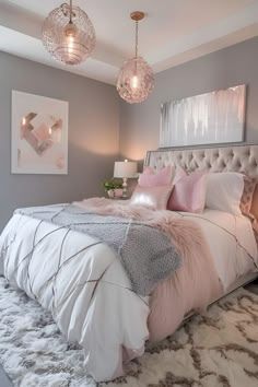 a bedroom with a large bed and chandelier hanging from it's ceiling