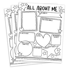 three printable pages with the words all about me and hearts on them in black and white