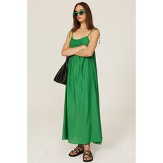 Green viscose (82% EcoVero Viscose Shell, 18% Nylon). Lining (100 % Ecovero Viscose). Shift. V-neck. Sleeveless. Tie closure. 47" from shoulder to hemline. Imported. V-neck Maxi Dress For Daytime, Chic V-neck Maxi Dress For Daytime, Summer Daywear Unlined Maxi Dress, Casual Unlined Maxi Dress For Daywear, Green V-neck Slip Dress For Daywear, Green Midi Dress With Adjustable Straps For Brunch, Casual Sleeveless V-neck Dress With Adjustable Straps, Casual Daywear Maxi Dress, Chic Green Midi Dress With Adjustable Straps