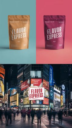 three different bags of flavored food are shown in the same color and font scheme