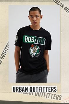 Boston Celtics team logo graphic print t-shirt by Pro Standard. Short sleeve cotton jersey tee in a standard fit with a ribbed crew neck. Features Pro Standard Boston Celtics tee Team logo graphic t-shirt Crew neck Short sleeve Regular fit Content + Care 100% Cotton Machine wash Imported Size + Fit Model in Black is 6’2" and wearing size Large Measurements taken from size Large Chest: 43" Length: 29.5" | Pro Standard Boston Celtics Tee in Black, Men's at Urban Outfitters Boston Celtics Team, Brand Sale, Boston Celtics, Jersey Tee, Black Fits, Logo Graphic, Sleeve Cotton, Team Logo, Print T Shirt