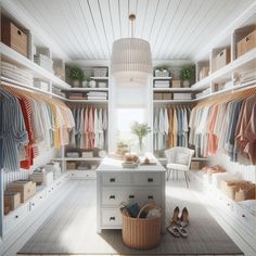 an organized closet with clothes and shoes on the floor, hanging lights above it in front of a window