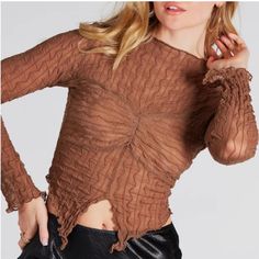 Condition: Brand New With Tags Feel Free To Make An Offer Brown Tops For Spring Night Out, Brown Top For Spring Night Out, Sheer Texture, Mock Neck Crop Top, Sheer Knit, Mock Neckline, High Rise Pants, Neck Crop Top, Textured Knit