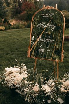 Mirror wedding welcome signBeautiful touch to welcome your guests and fun place for them to take selfiesGold border mirrorEasel included Entrance Signs For Wedding, Brass Mirror Wedding Sign, Enchanted Forest Wedding Welcome Sign, Mirror On Easel Wedding, Elegant Garden Wedding Decor, Timeless Wedding Altar, Pretty Wedding Decor, Wedding Reception Welcome Sign Mirror, Wedding Schedule Sign Mirror