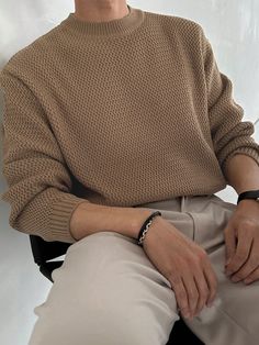 Men Solid Drop Shoulder Sweater Khaki Casual  Long Sleeve Knitwear Plain Pullovers High Stretch  Men Clothing, size features are:Bust: ,Length: ,Sleeve Length: Mens Classy Streetwear, Loner Guy Aesthetic, Male Clothing Asthetics, Cottagecore Style Men, Plain Outfits Men, Tall Fashion Men, Man Sweater Outfits, Soft Autumn Outfits Men, Church Clothes Men