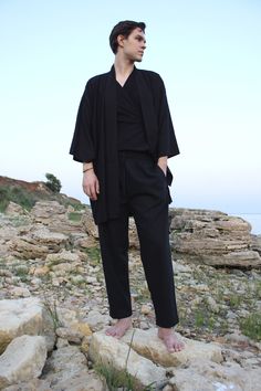 "Short kimono robe made of linen (+ 20% cotton fiber) Very soft material, the fabric contains cotton fibers, so this material is much softer than regular linen, and also less wrinkled. Comfortable to wear, free size. Great to wear both at home and out. Can wear as a jacket. * if the kimono of the length and color that you need is not available, write me a message and I will make one more kimono especially for you. + the pants that you can see on the photos are also available for order, if you wa Black Kimono Outfit Men, Man Kimono, Artist Identity, Kimono Linen, Kimono Set, Short Kimono Robe, Haori Jacket, Linen Kimono, Linen Robe