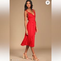 Never A Dull Moment Bright Red Tie-Strap Pleated Midi Dress Nwot Pleated Dress Midi, Fall Wedding Outfits, Dresses Lulus, Never A Dull Moment, Lulus Dresses, Chiffon Midi Dress, Darling Dress, Red Tie, Fall Wedding Dresses