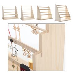 three different views of a wooden jewelry rack with earrings hanging from it's sides