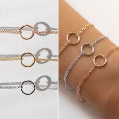 Dainty Bracelet, Delicate Bracelet, Gold Bracelet, Eternity Bracelet MEASUREMENTS/MATERIALS - Color options: .925 Sterling Silver / 14K Gold Vermeil / 14K Rose Gold Vermeil - Circle Accent Diameter 3/8 in | 1 cm - Bracelet chain L 6 1/2 in | 16.5 cm & 5/8 in | 1.6 cm extension - Hypoallergenic, lead & nickel free - Made in New York City To shop more Bracelets: https://www.etsy.com/shop/AccessoriesAtelier?ref=shop_sugg&section_id=24595195 Minimalist Round Bracelets For Friendship, Adjustable Dainty Circle Bracelets, Dainty Adjustable Circle Bracelets, Dainty Infinity Bracelets For Friendship, Dainty Infinity Bracelet For Friendship, Friendship Charm Bracelet With Adjustable Chain, Adjustable Circle Chain Bracelet For Gift, Adjustable Bracelets For Gift, Adjustable Bracelets As Gifts