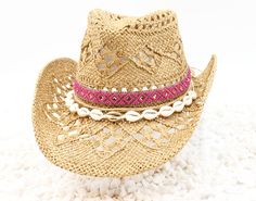 Tucson Pink and Gold Aztec Band & Seashells on Natural Tan Cowboy Hat - Shapeable 100% Cotton Straw Outdoor Breathable Sturdy Box It's always ready to keep you shaded.  Material: Durable natural woven straw Hat Size: US Hat Size 7 1/4 - 7 1/2 Hat Crown: 12cm Hat Brim: 8cm Color: Straw Tan Size fits up to 23.5 inches 58cm-60cm Free Hat Retainer with each Hat Order Beige Western Straw Hat For Festivals, Western Beige Toquilla Straw Sun Hat, Pink Western Wide Brim Straw Hat, Pink Western Straw Hat For Rodeo, Pink Straw Hat For Rodeo, Summer, Florida Baby, Gift Inspo, Chapeau Cowboy, Best Friends Aesthetic