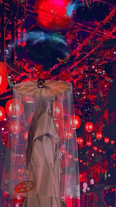 an anime scene with red and blue lights in the background, there is a woman standing under a clear plastic cover