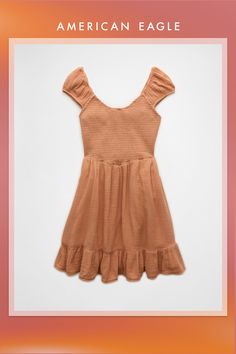 Mini puff sleeves/Scoop neck/Smocked bodice/Ruffle hem Spring Casual Dresses With Elastic Shoulders, Casual Dress With Elastic Shoulders And Square Neck, Casual Dresses With Elastic Shoulders For Daywear, Casual Fitted Dresses With Elastic Shoulders, Casual Dress With Square Neck And Elastic Shoulders, Casual Puff Sleeve Dress With Square Neck And Ruffles, Casual Mini Dresses With Elastic Shoulders, Brown Square Neck Dress With Smocked Back, Casual Smocked Mini Dress With Gathered Neckline