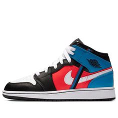 The Air Jordan 1 Mid "Game Time" gives the classic silhouette a little tweak by placing a tri-color ribbon on the lateral side. A black leather upper is accentuated by overlay panels in Crimson and Blue, while the Swoosh and lace are in white. Completing the overall design is a black-and-white sole combo. (AJ1/SNKR/Retro/Mid Top/Non-Slip/Basketball/Wear-resistant) Black Color Block Sneakers With Round Toe, Black Color Block Sporty Sneakers, Black Color Block Sneakers For Streetwear, Sporty Black Color Block Sneakers, Mid Top, Game Time, Air Jordan 1 Mid, Jordan 1 Mid, Classic Silhouette