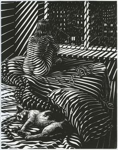 a black and white drawing of a cat sleeping on a couch in the sun light