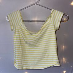 Nwt Never Worn, Pastel Yellow And White Stripes Make This Off The Shoulder Shirt A Nice Spring Piece! Spring Striped Crop Top, Striped Crop Top For Spring, Fitted Striped Top With Scoop Neck, Summer Striped Stretch Top, Yellow Stretch Short Sleeve Top, Trendy Yellow Stretch T-shirt, Trendy Stretch Yellow T-shirt, Yellow Stretch Casual T-shirt, Yellow Cotton Short Sleeve Crop Top