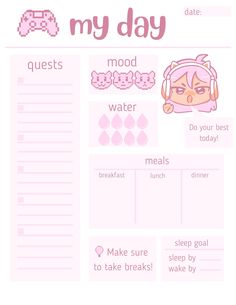 Creative Planner Ideas, Stuff To Print, Daily Planner Aesthetic, Cute Daily Planner Template, Gamify Your Life, Planer Ideas, Daily Planner Ideas, Cute Digital Planner, Cute Layout