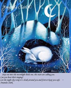 an illustration of a white rabbit sleeping in the woods with trees and moon behind it