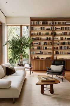 a living room filled with furniture and bookshelves