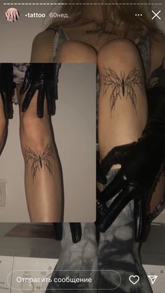 a woman with black gloves and tattoos on her legs