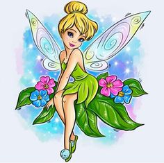 two tinkerbells sitting on top of green leaves and flowers with the words 2 p