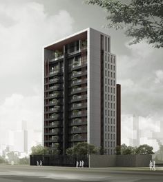 an artist's rendering of a tall building with balconies on the top