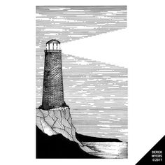 a black and white drawing of a lighthouse on top of a hill next to the ocean