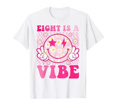 PRICES MAY VARY. The "Seven Is A Vibe" tees radiates an atmosphere of happiness and enthusiasm. It's an ideal choice for a young child celebrating their seventh birthday, as it combines the significance of this milestone with a joyful and lively design. Eight is a Vibe! This Groovy Birthday Party outfit reads 8 Is A Vibe with a Smiling Daisy Flower and a groovy vintage or retro Daisy wildflower theme. Perfect for 8 year old groovy boys and 8 year old groovy girls on their 8th Birthday Party. Lig Five Is A Vibe, Toddler Birthday Party, Birthday Party Outfits, Birthday Girl Outfit, Birthday Boy Shirts, Birthday Girl Shirt, Toddler Birthday, Birthday Tshirts, 9th Birthday