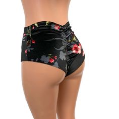 High Waist Scrunch Bikini Hot Pants - Black Floral Velvet– Peridot Clothing #ravers #raveclothing #velvet #floralbikini Spandex Outfits, Rave Shorts, Edc Outfits, Edm Outfits, Performance Outfits, Rave Clothing