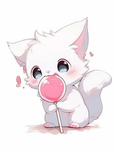 a white kitten holding a pink lollipop in its mouth and chewing on it's tail