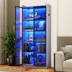 a living room with a couch and book shelf