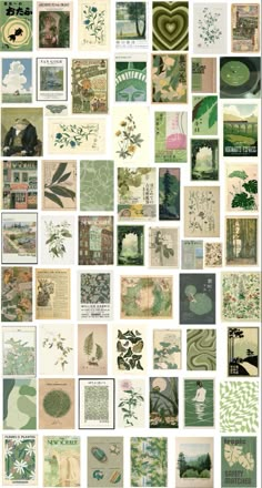 a collage of many different pictures with trees and plants on them, all in shades of green