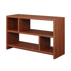 a wooden shelf with three shelves on one side and two open compartments on the other