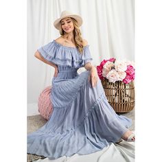 Swing into style with this chic and swishy off-the-shoulder maxi dress, featuring flouncy ruffles that are a tier above the rest!Model is 5'8" and wearing a size small.Sleeve ShoulderS: 8.25 14.5M: 8.5 15.5L: 8.75 16.5 Made In: IMPORT Fabric Contents: 60%POLYESTER, 40%RAYON Non-stretch fabric Non-sheer fabric Size Measurement (inch): S: 16.0 (Bust), 13.3 (Waist), - (Hips), 52.5 (Length) M: 16.5 (Bust), 14.3 (Waist), - (Hips), 54.0 (Length) L: 17.0 (Bust), 15.3 (Waist), - (Hips), 55.5 (Length) Di Summer Off Shoulder Maxi Dress With Ruffles, Ruffled Off Shoulder Maxi Dress For Summer, Vacation Maxi Off Shoulder Dress With Ruffles, Casual Off Shoulder Maxi Dress For Brunch, Casual Maxi Length Off Shoulder Dress For Brunch, Spring Flowy Off Shoulder Maxi Dress, Spring Beach Off Shoulder Dress With Ruffles, Spring Vacation Off Shoulder Dress With Ruffles, Spring Off Shoulder Ruffled Dress For Beach