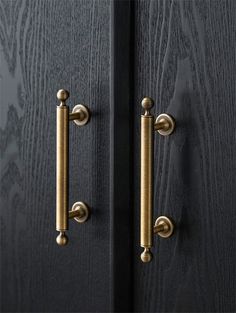 an image of a door handle on a black wooden door with brass handles and knobs