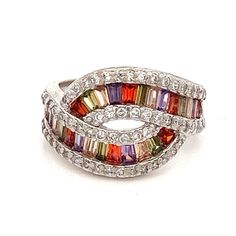 Rainbow Baguette Cubic Zirconia Crossover Ring- Set in Sterling Silver- Size 7- ET1875 Add a touch of color to your jewelry collection with this stunning Rainbow Baguette Cubic Zirconia Crossover Ring. The vibrant baguette-cut cubic zirconia stones create a beautiful rainbow effect, set in sterling silver. The unique crossover design adds a modern and stylish touch to this eye-catching piece. Perfect for adding a pop of color and sparkle to any outfit! Ring Size: 7- can be resized Metal Content: 925 Sterling Silver Measurements; Face of Ring (North/South): 14mm Height of ring off of finger: 3mm Ring Shank width: tapers to 3mm Weight: 5.76 Grams Stamps: S925  Condition: Excellent Pre-owned Condition Each piece is thoroughly examined and refinished as needed by our professional jewelers, tes Multicolor Baguette Cut Fine Jewelry Rings, Multicolor Gemstone Rings With Baguette Cut, Multicolor Gemstone Baguette Cut Rings, Multicolor Baguette Cut Gemstone Rings, Multicolor Baguette Cut Ring For Anniversary, Multicolor Multi-stone Baguette Cut Rings, 3mm Ring, Crossover Ring, Ring Shank