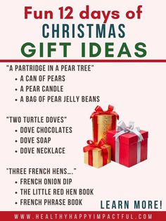 a christmas gift guide with presents on it and the words fun 12 days of christmas gifts