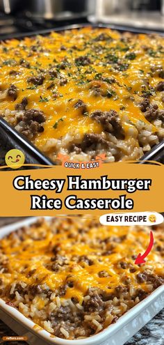 cheesy hamburger rice casserole in a baking dish with an easy recipe