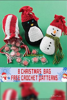 three crocheted christmas bags with snowman hats and candy canes on them