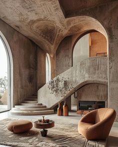 an elegant living room with stone walls and stairs