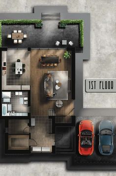 an overhead view of a floor plan with two cars parked next to it and the first floor