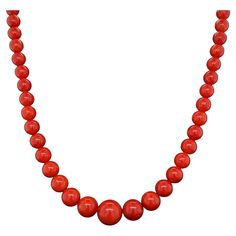 Simply Beautiful! Red Coral Necklace, comprising 95 Coral beads, each approx. 3.9mm-9.3mm, held by a 18K Yellow Gold clasp. Hand strung with matching silk cord. The necklace measures approx. 19” long. More Beautiful in real time! Classic and Chic...A piece you’ll turn to time and time again! Luxury Red Coral Necklaces With Round Beads, Luxury Red Coral Round Beaded Necklace, Hand-strung Red Coral Necklace Gift, Hand-strung Round Red Coral Jewelry, Unique Hand-strung Red Coral Necklaces, Red Coral Necklace, Coral And Gold, Coral Necklace, Silk Cord