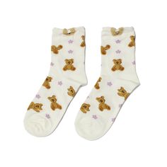 Wrap your feet in cozy cuteness with our Teddy Bear Crew Socks. These adorable socks feature lovable teddy bears and a comfortable crew design, making them perfect for all-day wear. Treat yourself or a loved one to these charming socks and add a touch of joy to any outfit. *Machine wash warm with like colors.  Use only non-chlorine bleach when needed. Tumble dry on low Black Leg Warmers, Bear Socks, Food Socks, Black Opaque Tights, Cabin Socks, Burberry Vintage, Cat Socks, Running Socks, Thigh High Stockings