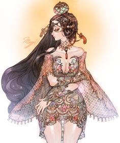 a drawing of a woman with long black hair wearing a dress and headdress