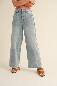 Wide leg high rise denim pants with front line detail Denim Cargo Pants, Spring 2025, Denim Cargo, Elle Magazine, Straight Leg Denim, High Rise Denim, Staple Pieces, Quality Clothing