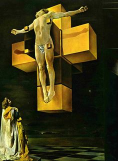 a painting of a man on the cross with scissors in his hands and another person standing next to him