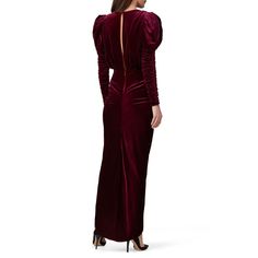 Red velvet (100% Polyester). Sheath. Long sleeves. V-neckline. 47" from shoulder to hemline. Imported. Red Velvet V-neck Evening Dress, Burgundy Velvet Dress For Formal Occasions, Elegant Burgundy Velvet Evening Dress, Fitted Red Velvet Long Sleeve Dress, Red Fitted Velvet Dress With Long Sleeves, Chic Velvet Dress For Formal Occasions, Holiday Velvet V-neck Evening Dress, Holiday Evening Velvet V-neck Dress, Elegant Fall Velvet Evening Dress