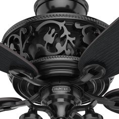 a black ceiling fan with three dark blades