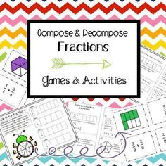 colorful chevroned background with the words compose and decompose fractions games and activities