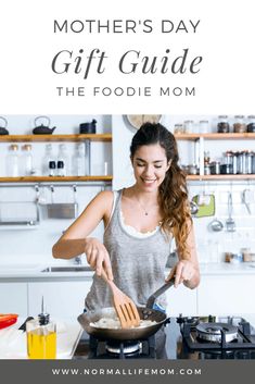 a woman cooking food on top of a stove with the words mother's day gift guide